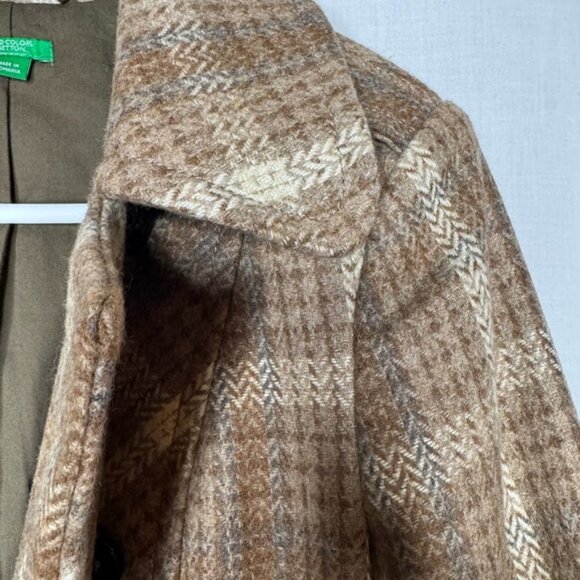 United Colors Of Benetton Double Breasted Pea Coat Sz S Plaid Wool Boho 70’s - Picture 4 of 15